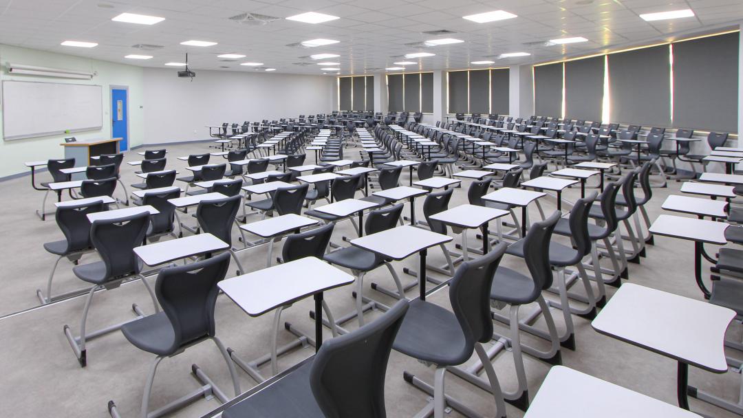 Renovated classroom — new furniture, smart board and LED lighting